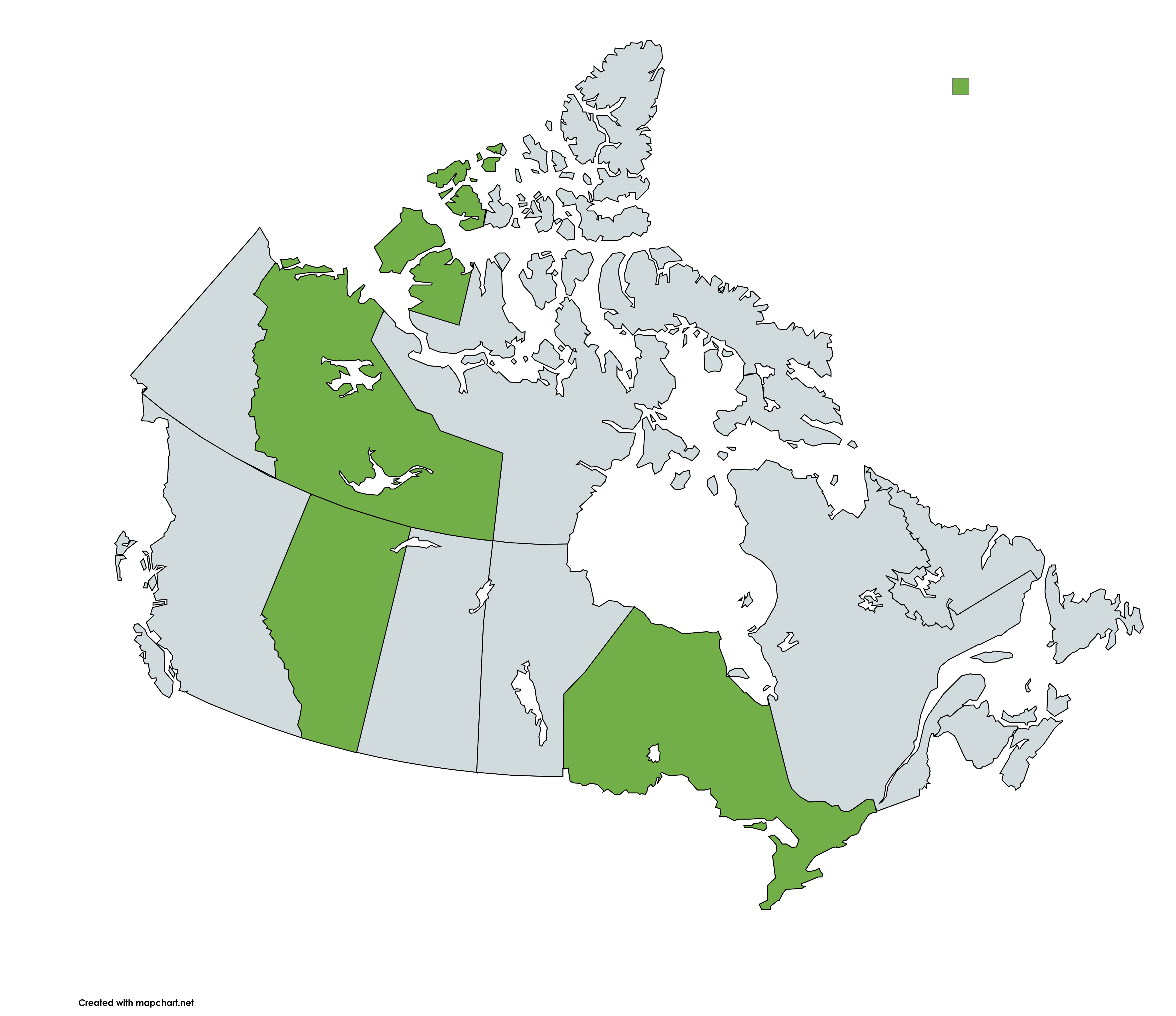 Map of Canada with Alberta, Northwest Territories and Ontario highlighted